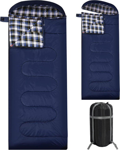 REDCAMP Flannel Sleeping Bag for Adults, Comfortable Cotton Camping Bag with Detachable Hood, Red/Grey/Blue