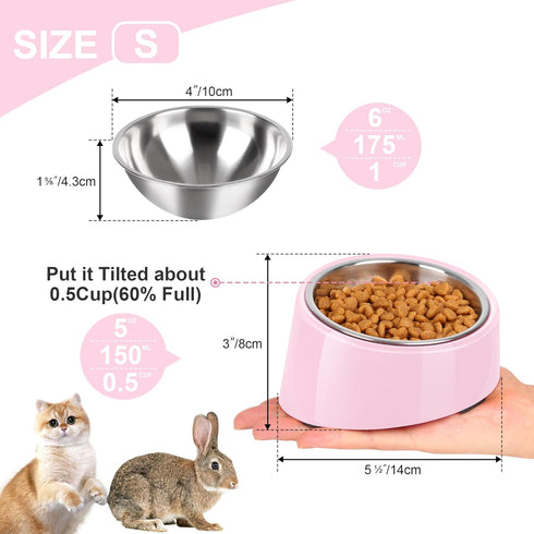 Tilted Angle Dog Bowl, 15° Slanted Stainless Steel Dog Cat Food Bowl, Non-Slip & Non-Spill Pet Feeder with Elevated Detachable Melamine Stand, Easy to Get Food Dog Dish, S/0.5 Cup Pink