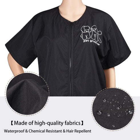 Noverlife M Size Short Sleeves Pet Grooming Work Clothes, Splash Proof Anti-Static Smock with Full Zipper for Dog Cat