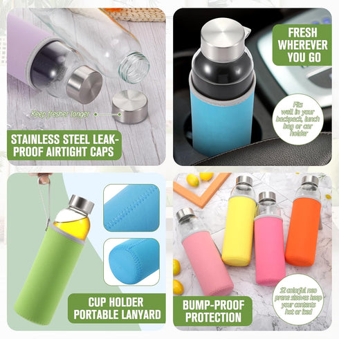 Vesici 12 Set 18 oz Clear Glass Water Bottles, Reusable Juicing Bottles with Protection Sleeve and Leak Proof Lids