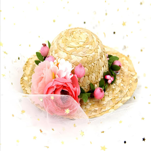 NACOCO Cat Hat Sunflower Straw Hat, Handcrafted Rose Sun Cap Accessories for Small Dogs and Cats (M, Pink)