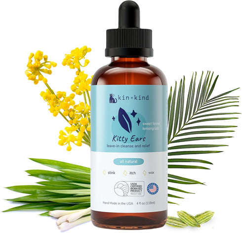 kin+kind Cat Ear Cleaner - Natural Cat Ear Drops, Vet Solution for Wax, Odor and Itchy Irritation, Made in USA