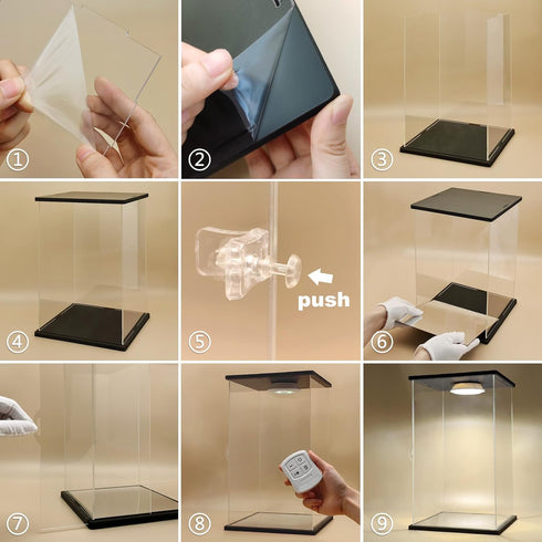NONEMEY Clear Acrylic Display Case, Dustproof Model Showcase Organizer Box with Remote Control Light