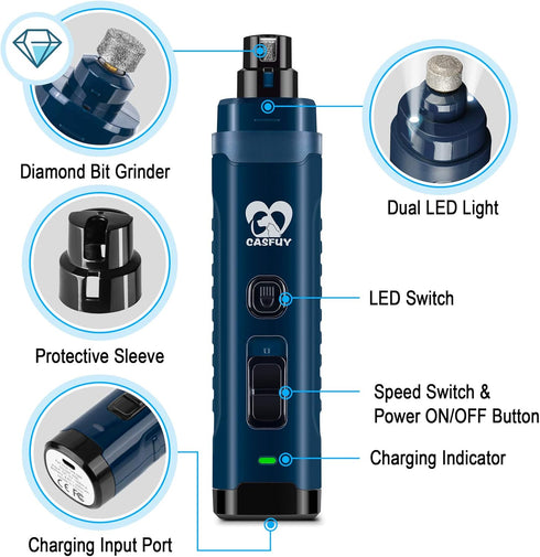 Casfuy Dog Nail Grinder with 2 LED Light - 4.8V Powerful 2-Speed Electric Nail Trimmer for Medium Large Dogs