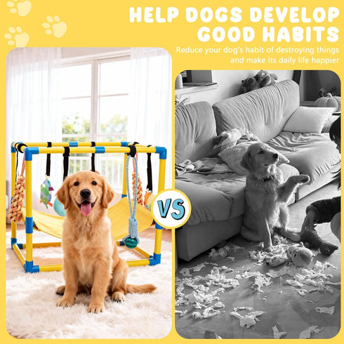 8 Hammock Puppy Play Gym with Hanging Toys, Indoor Puppy Jungle Gym with Interactive Dog Enrichment Toys.PVC Frame