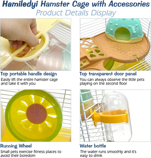 Hamiledyi Portable Hamster Cage, 2 Layers Dwarf Hamster Habitat with Exercise Wheel for Small Animals