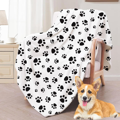 Dog Paw Print Fuzzy Throw Blanket, Soft Cozy Flannel Blanket for Medium Small Pet Puppy Essentials, Home Bed Sofa Car
