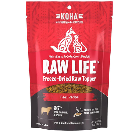 KOHA Raw Life Freeze-Dried Raw Topper, Beef for Dogs and Cats, High Protein Meal Topper, 8oz Bag