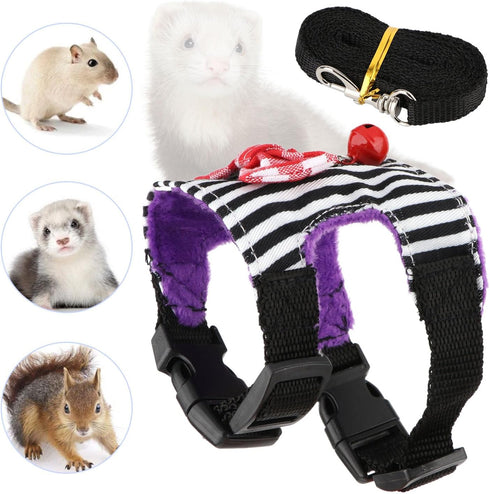 Small Pet Harness Vest and Leash Set - Bowknot and Bell Decor for Gerbil Guinea Pig Squirrel Kitten (M, Black Stripe)