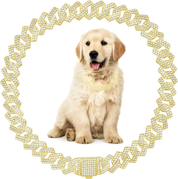 Gold Dog Chain Necklace for Medium Dogs, Bling Diamond Cuban Link Collar, Rhinestone Cat Chain for Small Medium Large