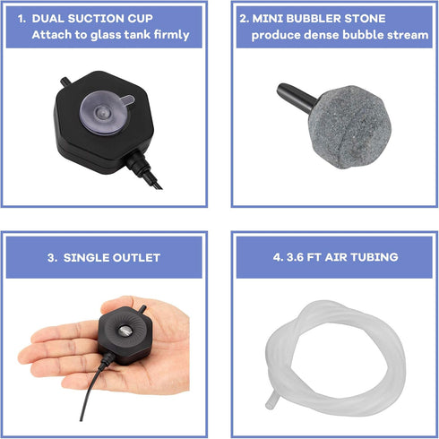 hygger Quiet Mini Aquarium Air Pump - Betta Fish Tank Bubbler with Air Stone Tubing for 0.5-15 Gal Fish Bowl