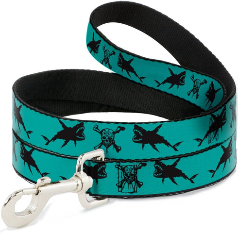 Dog Leash Pirates Skull Crossbones Sharks - Turquoise Black, 4 Feet Long, 1.5 Inch Wide