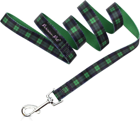 Parisian Pet Dog Leash - 4Ft Heavy Duty Scottish Green Plaid Print Nylon Doggie Walking Leash for Small and Medium Dogs