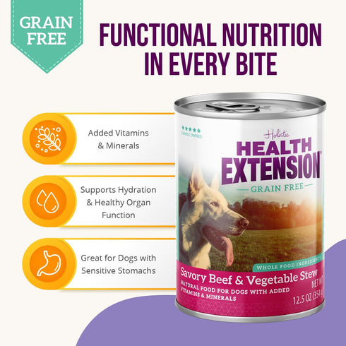12.5 oz 12 Health Extension Savory Beef Stew Grain-Free Wet Dog Food, - Protein-Rich, Hydration Support, Ideal for All