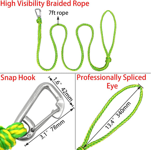 ISURE MARINE Heavy Duty Kayak Tow Rope with Clip, Sets of Two Ropes, 1/2 Inch Diameter x 7ft Lengths