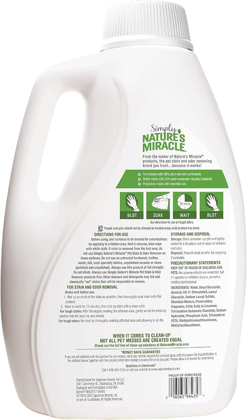Nature's Miracle Simply Pet Stain and Odor Remover, 128 Ounce Made with 86% Plant-Derived Surfactants