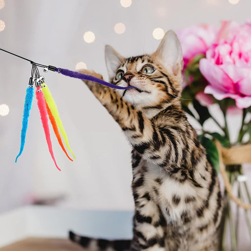 Molain Cat Wand Toy Replacement Refill - 12 Pcs Furry Tail Worm with Bell for Interactive Cat Chaser Toys