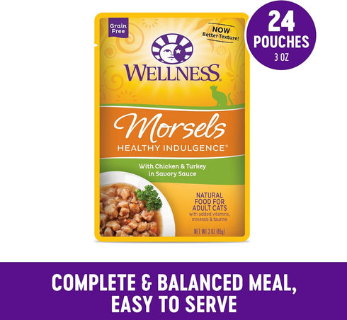 Wellness Healthy Indulgence Morsels Grain-Free Wet Cat Food, 3 Oz Pouches, Chicken & Turkey, 24 Pack