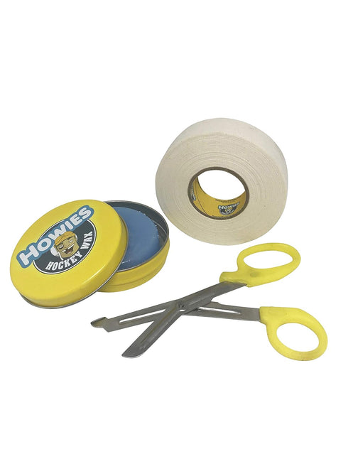 Howies Hockey Tape Bundle - Includes White Tape, Scissor, and Tin of Wax for Ice Hockey