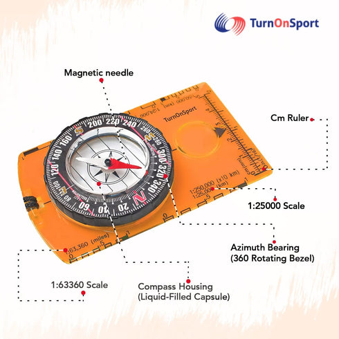 TurnOnSport Orienteering Compass - Advanced Scout Compass for Hiking, Camping, Backpacking - Best Survival Gifts for