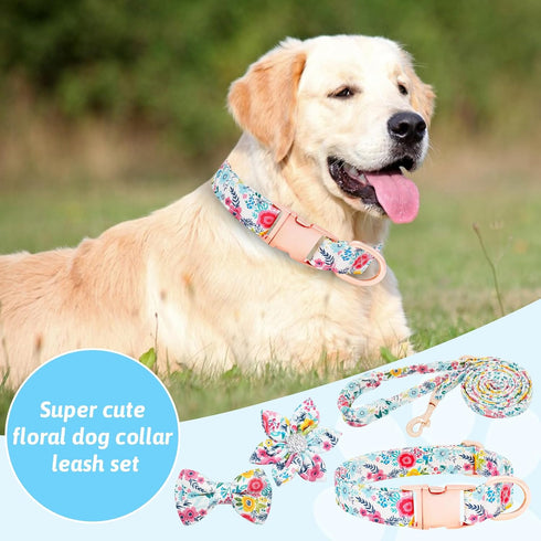 Dog Collar and Leash Set for Girls, Adjustable Puppy Collars with Floral Bow Tie for Small Medium Large Female Dogs,