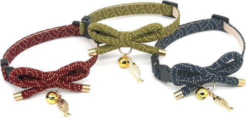 PetSoKoo Cute Bowtie Cat Collar with Bell, Red - Japanese Stylish Bowknot & Fish Charm, Safety Breakaway