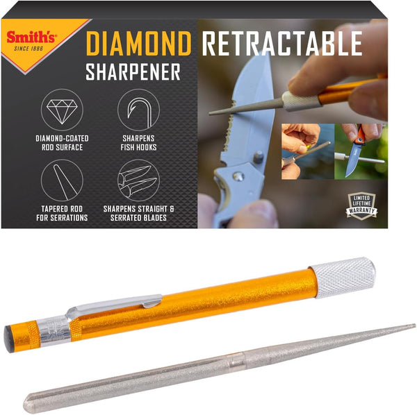 Smith’s 51446 Diamond Retractable Sharpener, Gold, Compact, Knife & Hook Sharpener, Reversible Rod