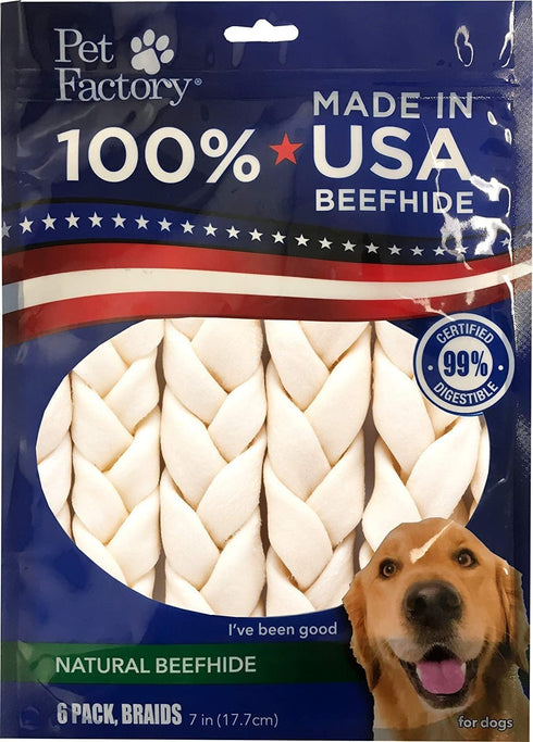 Pet Factory 100% Made in USA Beefhide 7" Braided Sticks Dog Chew Treats, Natural Flavor, 6 Count/1 Pack
