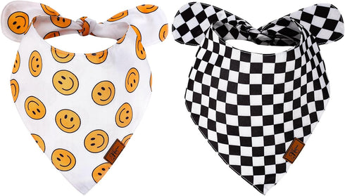 2Pcs One Happy Dude Dog Bandana, Boho Smile Face Checkerboard Print Fabric Pet Scarf, Adjustable Neckerchief