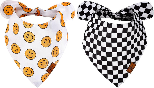 2Pcs One Happy Dude Dog Bandana, Boho Smile Face Checkerboard Print Fabric Pet Scarf, Adjustable Neckerchief
