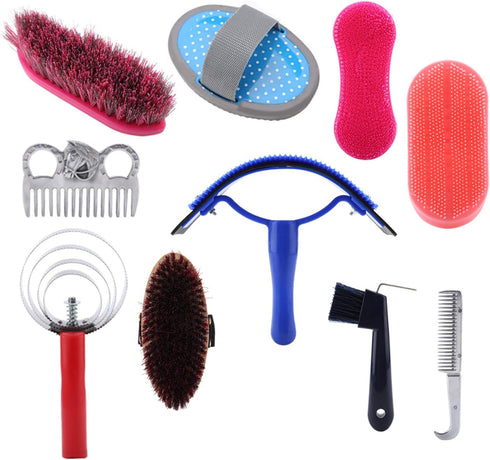 Spryflower 10Pcs Set, Set 5 Horse Grooming Care Kit, Equestrian Brush and Curry Comb Complete Horse Cleaning Tool
