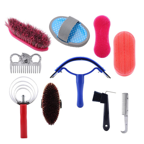 XODSFSKAS 10Pcs Set, 5 Horse Grooming Care Kit, Equestrian Brush and Curry Comb Horse Cleaning Tool with Sweat Scraper