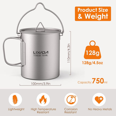Titanium Cup, Ultralight 750ml Portable Water Mug with Lid and Foldable Handle for Outdoor Camping Cooking Picnic