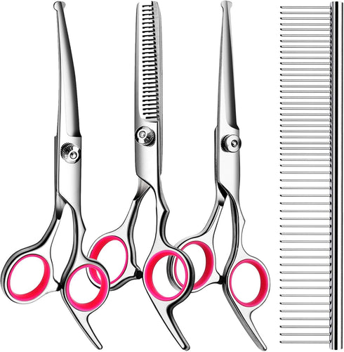 5 in 1 Dog Grooming Scissors Kit, Professional Grooming Scissors with Safety Round Tips, Titanium Coated for Dogs and