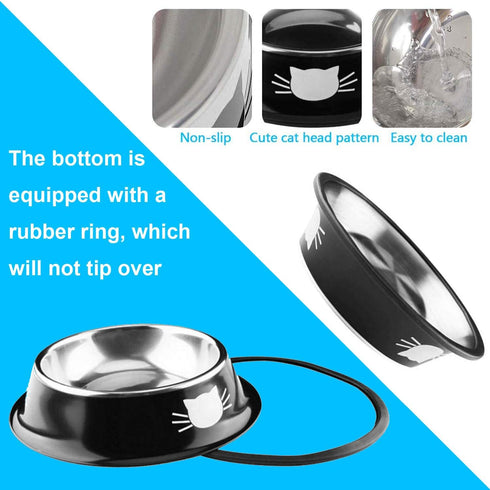 3 PCS SUOXU Stainless Steel Cat Bowls, Non-Skid Base Leak-Proof Feeding Bowls with Cute Cats Painted