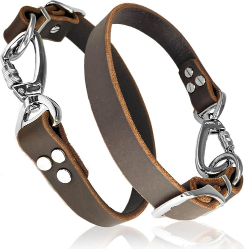 Leather Short Dog Leash, Adjustable Length, Extra Thick Genuine Handmade with Heavy-Duty Hardware, Strong Traffic Pet