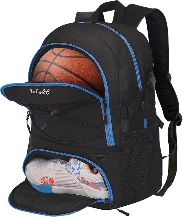 WOLT Basketball Backpack Large Sports Bag with Separate Ball Holder & Shoes Compartment for Gym, Travel, Soccer,
