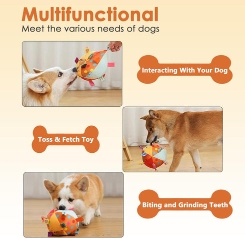 Dog Squeaky Plush Ball Toy with Straps, 6 Inches, Interactive Fetch Ball for All Dogs