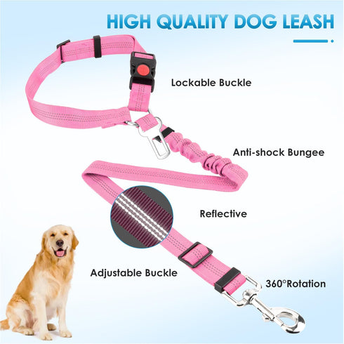 2 Pack Lukovee Dog Seatbelt Leash for Cars, Pet Safety Seat Belt with Adjustable Buckle & Reflective Bungee, Connect