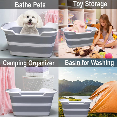Multi-Functional Collapsible Dog Bathtub with Brush, 7.1 Gal Portable Laundry Basket, Foldable Bathing Tub for Small