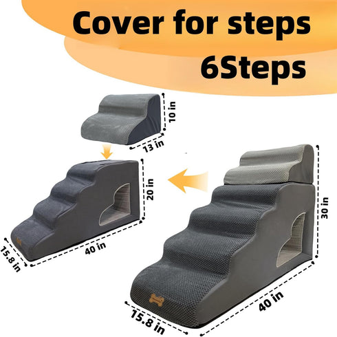 Pet Steps Cover for Small Dogs and Cats - Portable Foam Ramp Stairs - Grey 6-Step 39.3" L*15.8" W*30" H