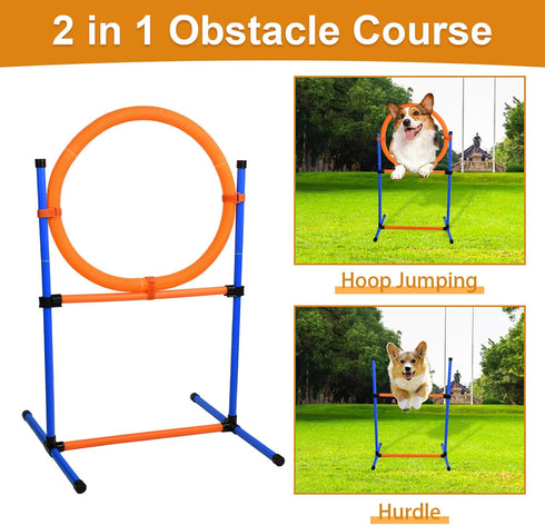 Dog Agility Equipment | 2 in 1 Obstacle Course Training Starter Kit | Adjustable Jump Ring/Hurdle Bar with Carry Bag