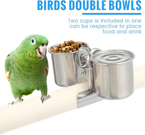 2 Tioncy Pcs Clip on Water Bowl for Birds Parrot Feeding Double Cups Dishes Hanging Stainless Steel Food Water Bowls