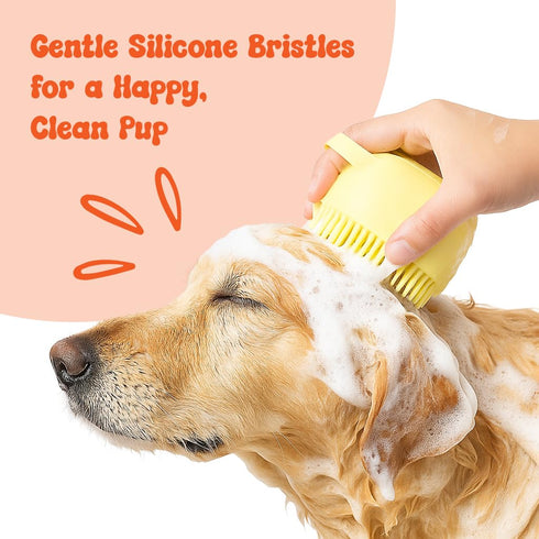 2-in-1 HamInWay Dog Bath Brush, Dog Grooming Brush with Built-in Shampoo Dispenser, Gentle Silicone Bristles for Bath