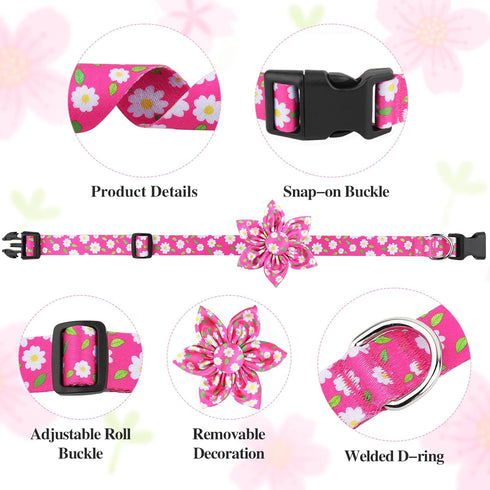 BiPawTi Medium Dog Collar, Pink Flower with Bloom Decoration, Soft Floral Girly Collar for Summer Dogs (M)