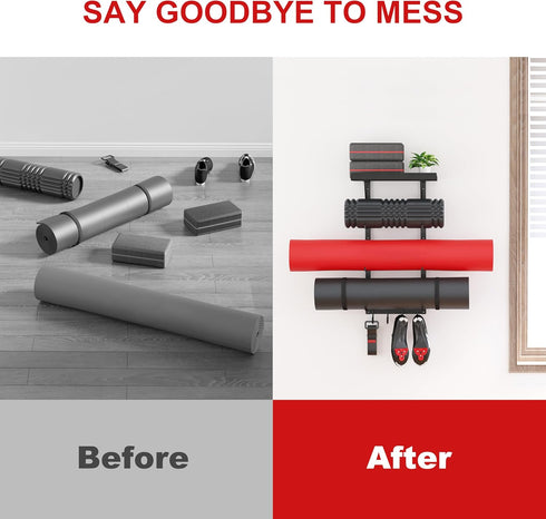 Yoga Mat Holder Wall Mount - Accessory Storage Rack for Home Gym, Floating Shelf for Workout Equipment