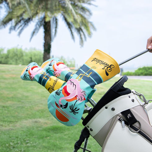 Flamingos Golf Club Covers, Driver Cover, Fairway Wood Headcover, Hybrid Head Cover, Leather Fit for All Brands