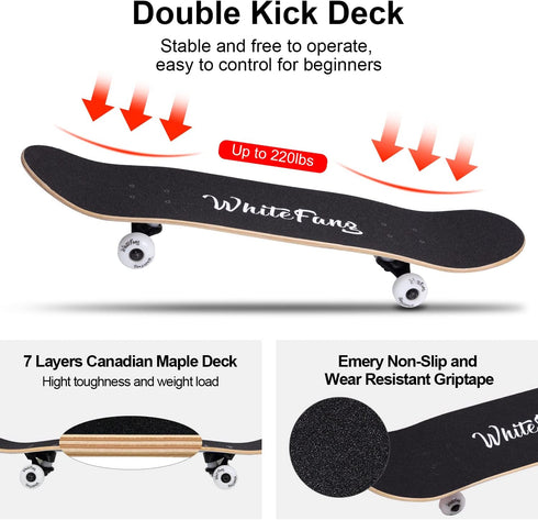 WhiteFang Complete Skateboard for Beginners, 31 x 7.88, 7 Layer Canadian Maple, Double Kick Concave