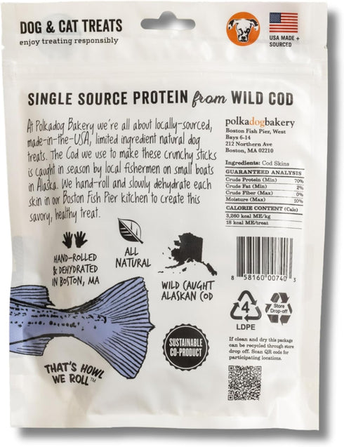 Polkadog Cod Skins for Dogs (2oz Shortie) - Single Ingredient Wild-Caught Fish Skin Dog Treats, Grain Free