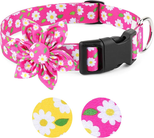 BiPawTi Soft Small Girl Dog Collar with Floral Patterns, Cute Daisy Collar for Summer Dogs (Pink, S)